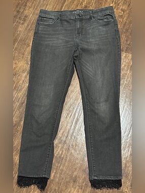 White House Black Market The Skinny Ankle Black Denim Jeans Lace Hems Size 10